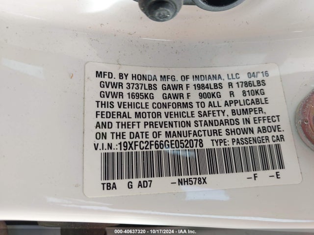 Honda Civic Lx 2016 19XFC2F66GE052078 Image 9
