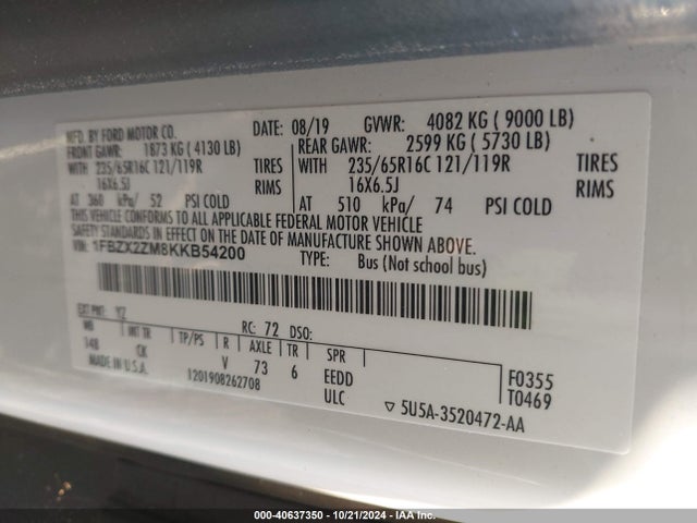 1FBZX2ZM8KKB54200 Ford Transit-350 Xlt