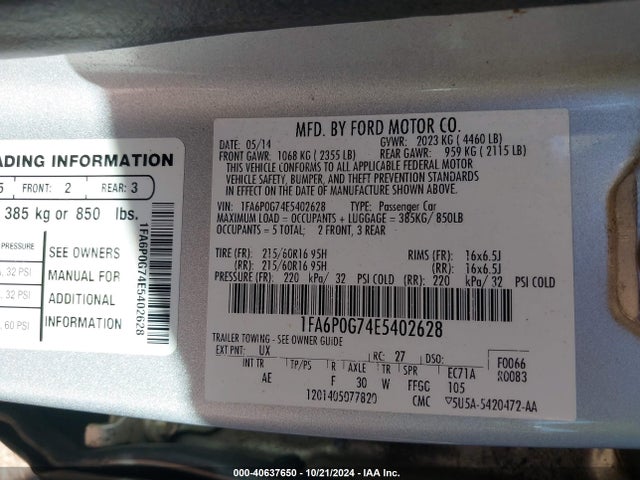 Ford FUSION S 2014 1FA6P0G74E5402628 Image 9