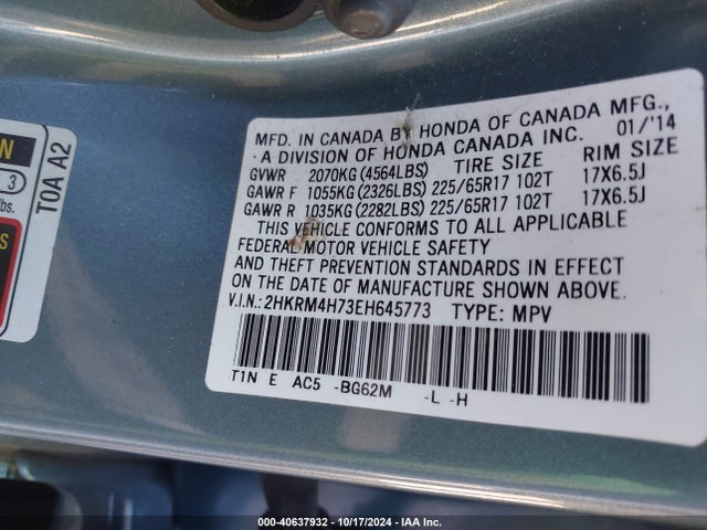Honda Cr-v Ex-l 2014 2HKRM4H73EH645773 Image 9