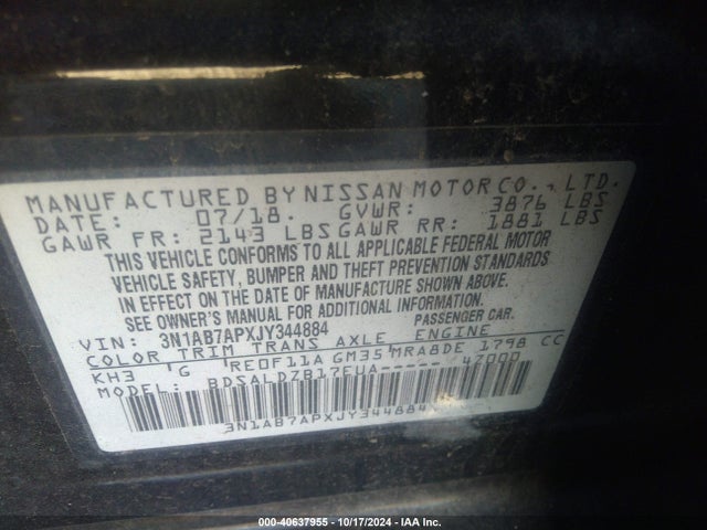 Nissan SENTRA SV 2018 3N1AB7APXJY344884 Image 9