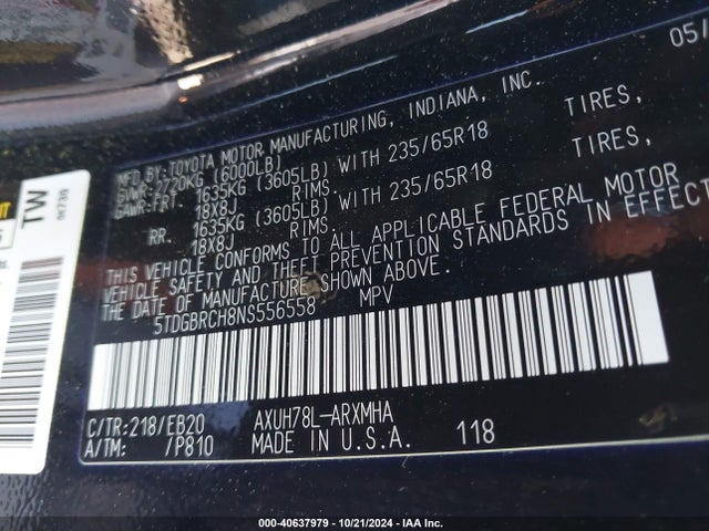 Toyota Highlander 2022 5TDGBRCH8NS556558 Image 9