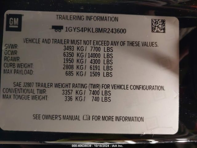 1GYS4PKL8MR243600 Cadillac Escalade Esv 4wd Sport