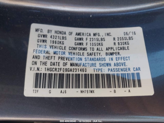 Honda ACCORD EX 2016 1HGCR2F09GA231460 Image 9