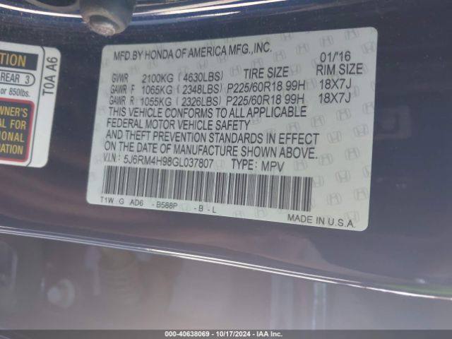 5J6RM4H98GL037807 Honda Cr-v Touring