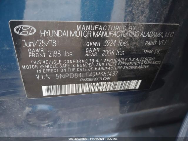 5NPD84LF4JH381437 Hyundai ELANTRA SEL