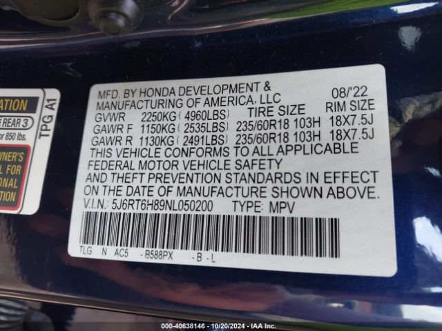5J6RT6H89NL050200 Honda Cr-v Hybrid Ex-l