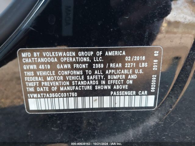 1VWAT7A35GC031750 Volkswagen Passat 1.8t S