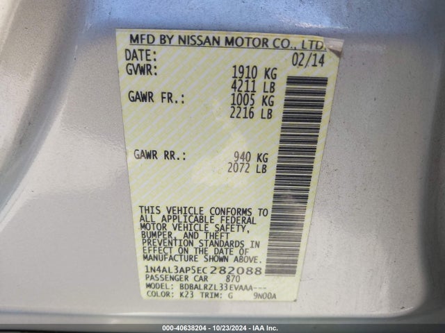 Nissan Altima 2.5 S 2014 1N4AL3AP5EC282088 Image 9