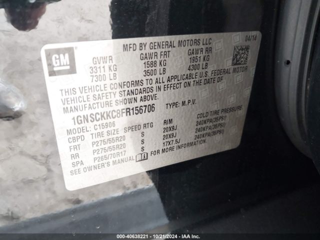 1GNSCKKC8FR156706 Chevrolet Suburban 1500 Ltz