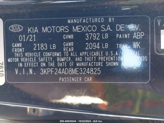 3KPF24AD8ME324825 KIA Forte Lxs