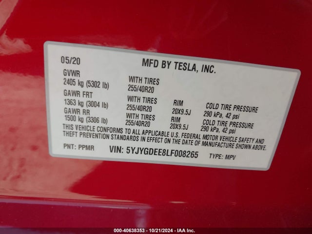 2020 TESLA MODEL Y 5YJYGDEE8LF008265 Photo 8