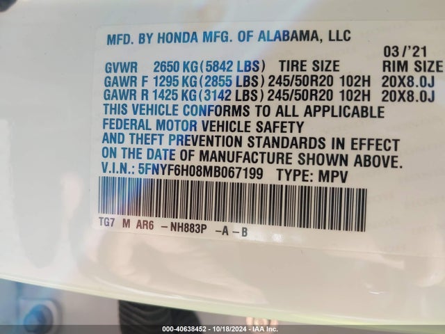 Honda Pilot Awd Elite 2021 5FNYF6H08MB067199 Image 9