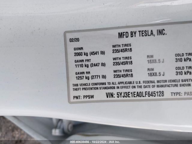 5YJ3E1EA0LF645128 Tesla Model 3 Standard Range Plus Rear-wheel Drive/standard Range Rear-wheel Drive
