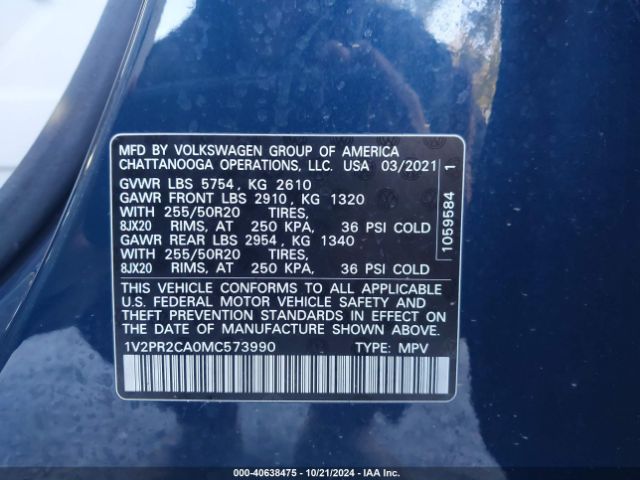 1V2PR2CA0MC573990 Volkswagen Atlas 3.6l V6 Se W/technology R-line