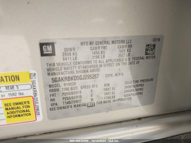 Buick Enclave Leather 2016 5GAKRBKD5GJ295287 Image 9