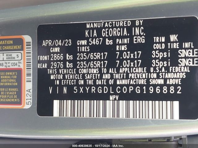 5XYRGDLC0PG196882 KIA SORENTO LX