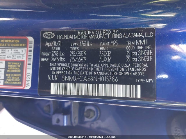 2022 Hyundai Tucson Sel მანქანა იყიდება აუქციონზე, vin: 5NMJFCAE8NH015786, აუქციონის ნომერი: 40638817