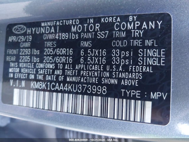 Hyundai Kona Se 2019 KM8K1CAA4KU373998 Image 9
