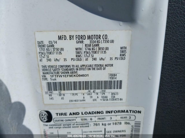 Ford F-150 Xl 2014 1FTFW1EF9EKD94931 Image 9