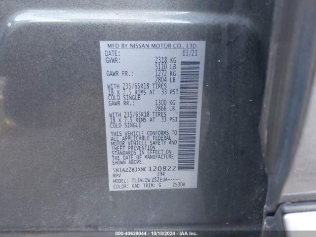 5N1AZ2BJXMC120822 Nissan Murano Sv Fwd