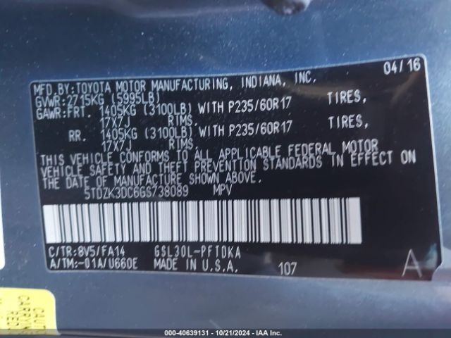 5TDZK3DC6GS738089 Toyota Sienna L 7 Passenger
