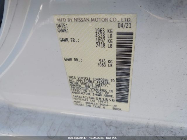 1N4BL4CV3MN381856 Nissan Altima Sr Fwd