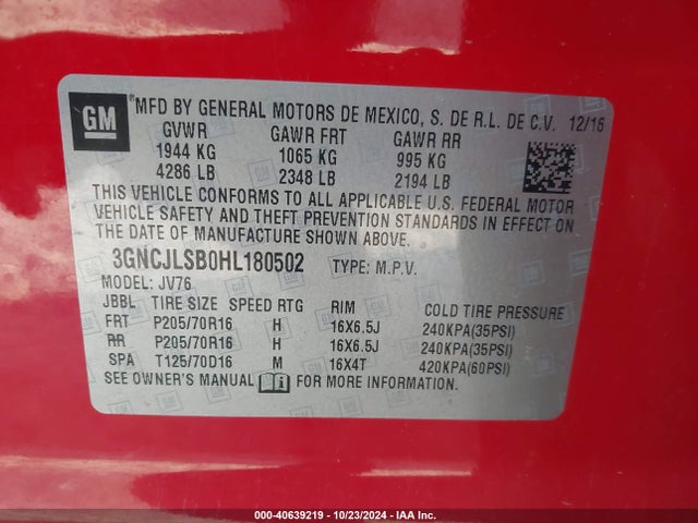 Chevrolet Trax Lt 2017 3GNCJLSB0HL180502 Image 9