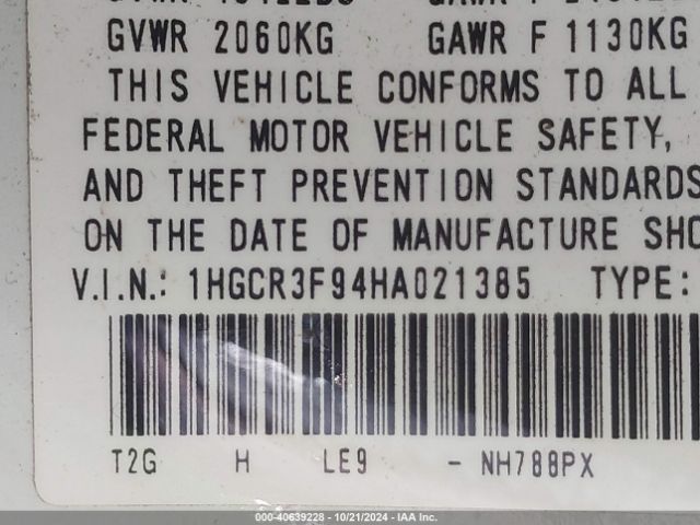 1HGCR3F94HA021385 Honda Accord Touring V6