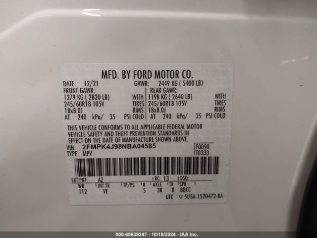 2FMPK4J98NBA04585 Ford EDGE SEL