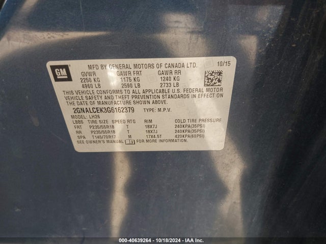 Chevrolet EQUINOX LT 2016 2GNALCEK3G6162379 Image 9