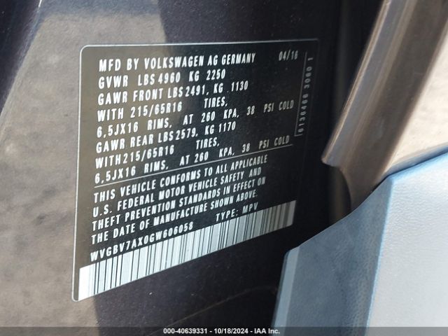 WVGBV7AX0GW606058 Volkswagen TIGUAN S