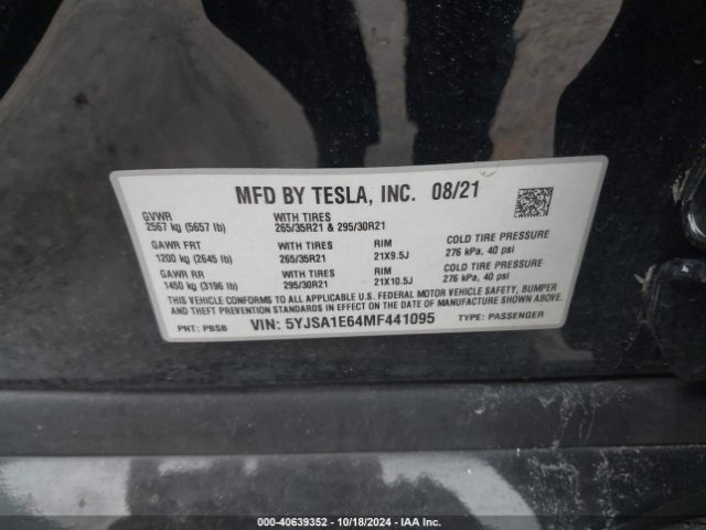 5YJSA1E64MF441095 Tesla Model S Plaid Tri Motor All-wheel Drive