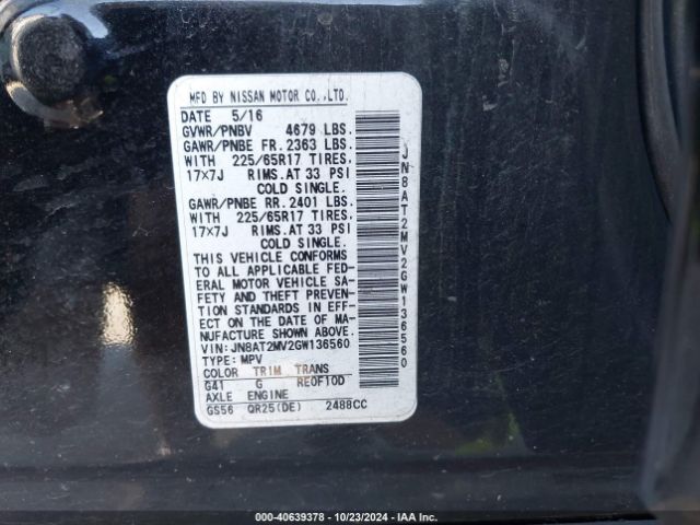 JN8AT2MV2GW136560 Nissan ROGUE S