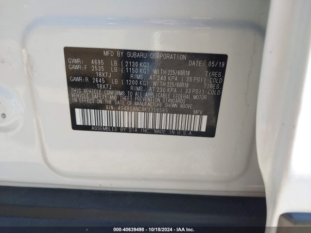Subaru Outback 2.5i Limited 2019 4S4BSANC4K3358565 Image 9