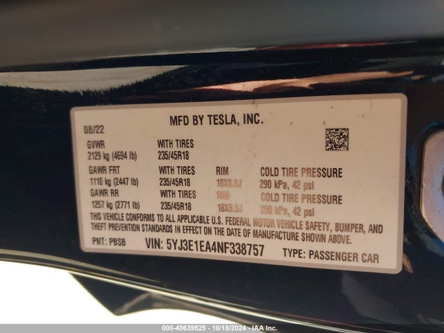 2022 TESLA MODEL 3 5YJ3E1EA4NF338757 Photo 8