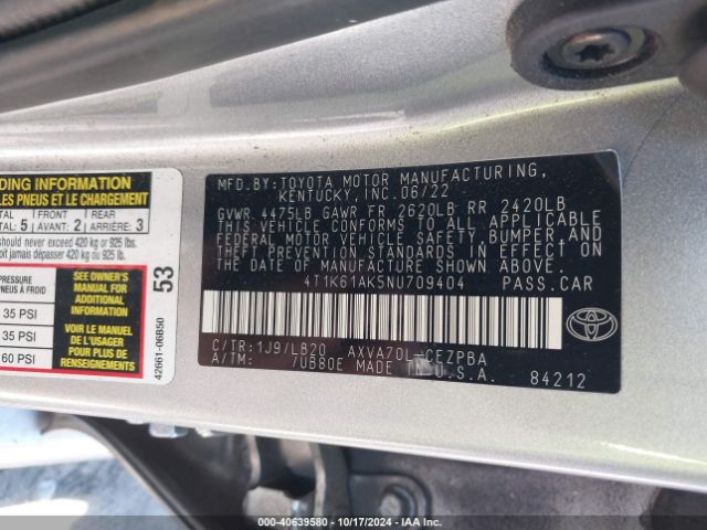 4T1K61AK5NU709404 Toyota CAMRY XSE