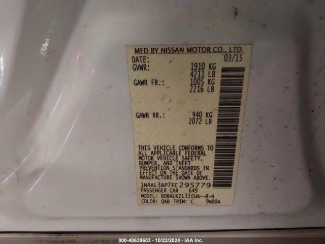 Nissan Altima 2.5 Sv 2015 1N4AL3AP7FC295779 Image 9
