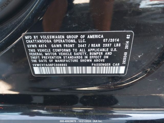 1VWCV7A38FC006892 Volkswagen Passat 2.0l Tdi Sel Premium