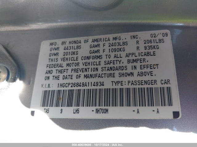 2009 Honda Accord 2.4 Ex-l მანქანა იყიდება აუქციონზე, vin: 1HGCP26849A114934, აუქციონის ნომერი: 40639698
