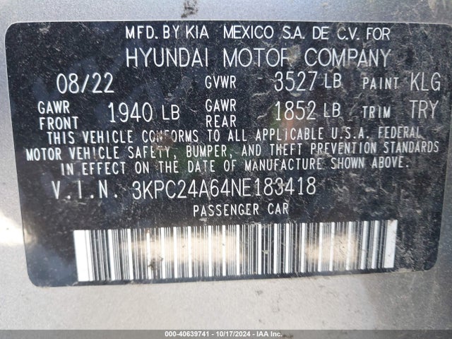 Hyundai ACCENT SE 2022 3KPC24A64NE183418 Image 9