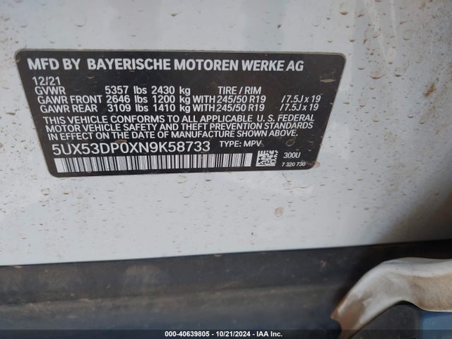 5UX53DP0XN9K58733 BMW X3