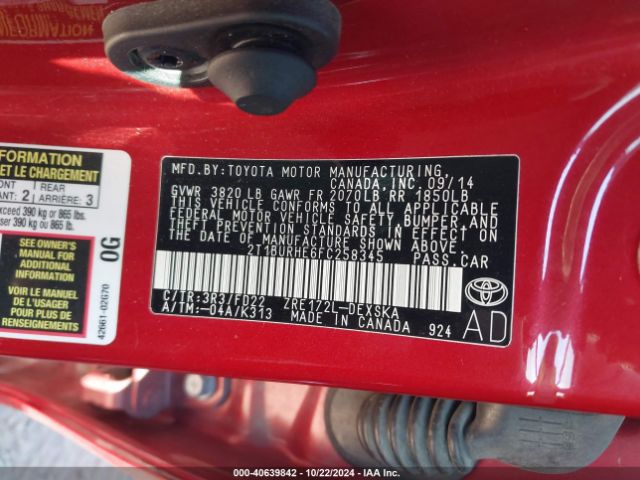 2T1BURHE6FC258345 Toyota Corolla S