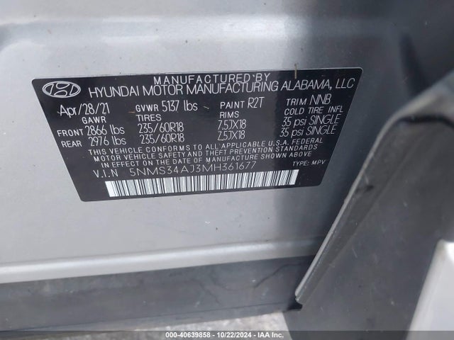 Hyundai Santa Fe Sel 2021 5NMS34AJ3MH361677 Image 9
