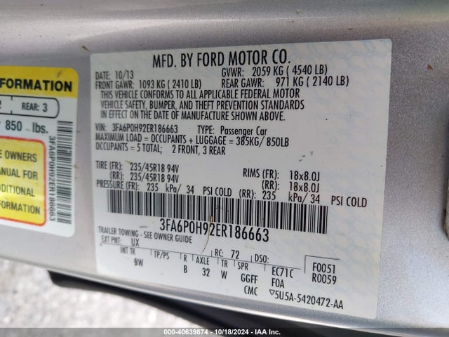 Ford FUSION SE 2014 3FA6P0H92ER186663 Image 9