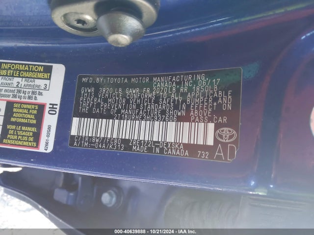 2T1BURHE3HC937606 Toyota COROLLA SE