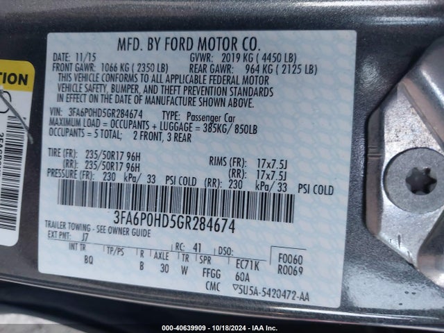 Ford FUSION SE 2016 3FA6P0HD5GR284674 Image 9
