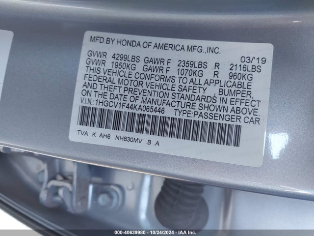 Honda ACCORD EX 2019 1HGCV1F44KA065446 Image 9