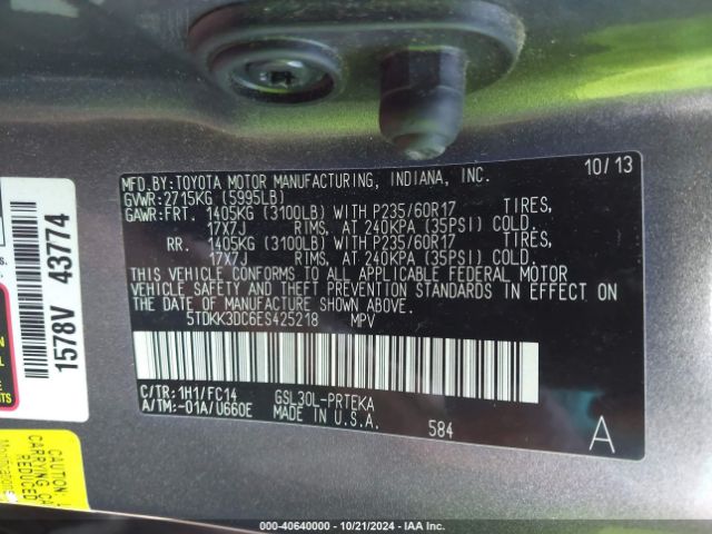 5TDKK3DC6ES425218 Toyota Sienna Le V6 8 Passenger