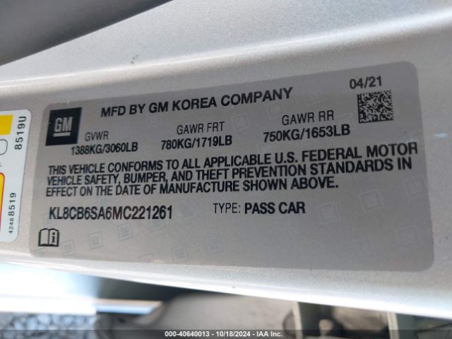 KL8CB6SA6MC221261 Chevrolet Spark Fwd Ls Automatic